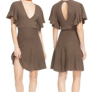Free people cozy night knit sweater dress mini dress flutter sleeve brown